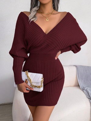 Cross V-neck Batwing Sleeves Hip-hugging Knitting Mini&Short Dresses