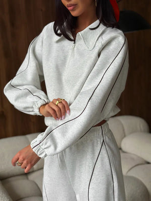 American Retro Color-blocked Striped Tracksuit For Women Two-piece Set: Collared Half-zip Sweatshirt And High-waisted Wide-leg Sweatpants