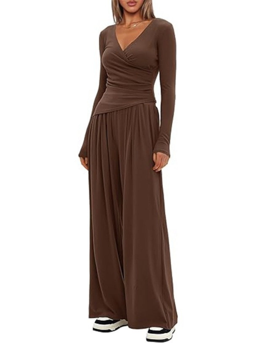Long Sleeve V-neck T-shirt Loose-fit Wide-leg Pants Leisure 2-piece Sets