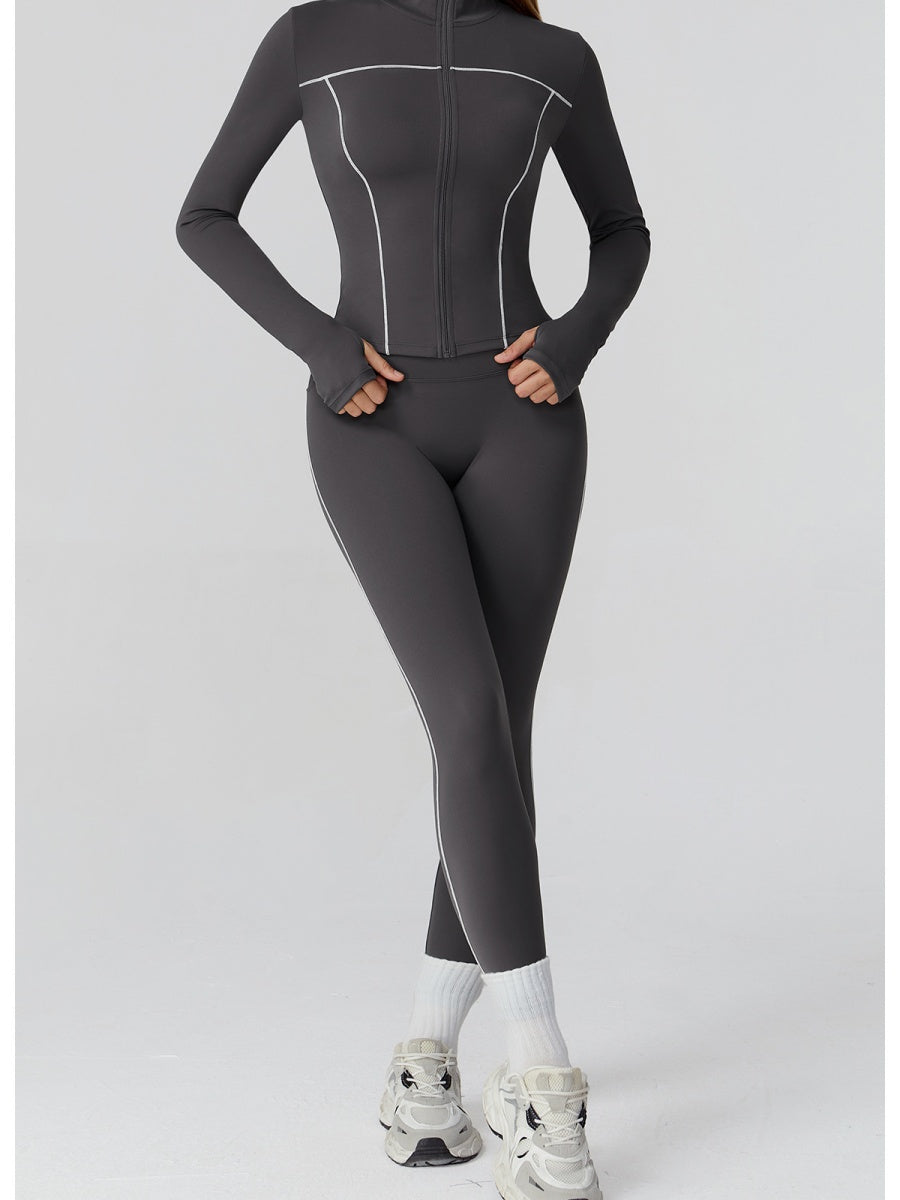 Veste de yoga bicolore en tissu brossé avec fermeture éclair, coupe-vent et ajustée