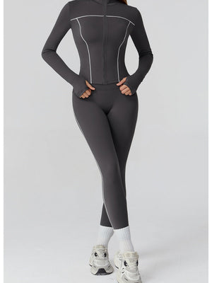 Veste de yoga bicolore en tissu brossé avec fermeture éclair, coupe-vent et ajustée