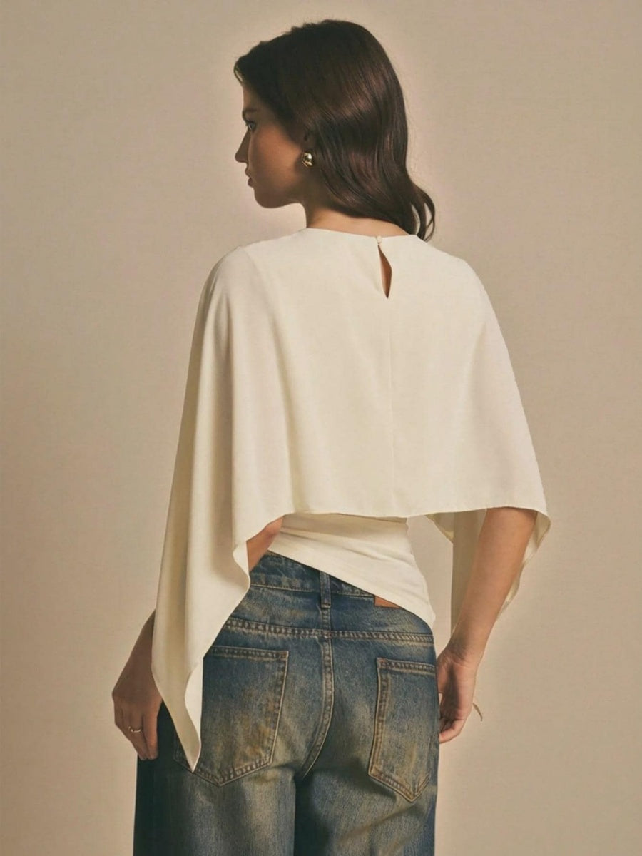 Cape-sleeve T-shirt, Round Neck, Loose Chiffon Cover-up, Elegant Irregular Top/T-shirt