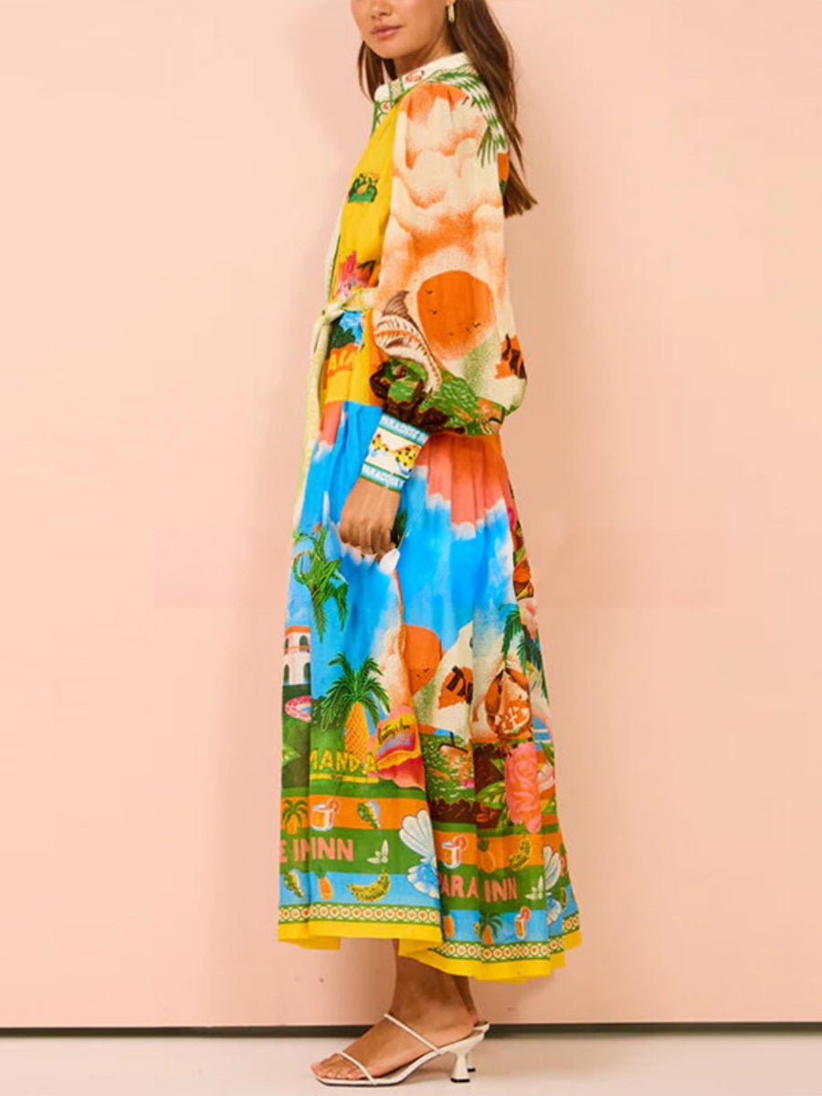 Fashion Printed Lantern Sleeves Belt Waist Maxi Dresses