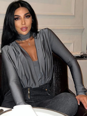 V-neck Slim Fit Pleated Decoration Base Layer Splicing Long-sleeved Bodysuit