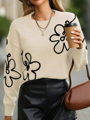 3D Effect Flower pattern Crew Neck Sweaters