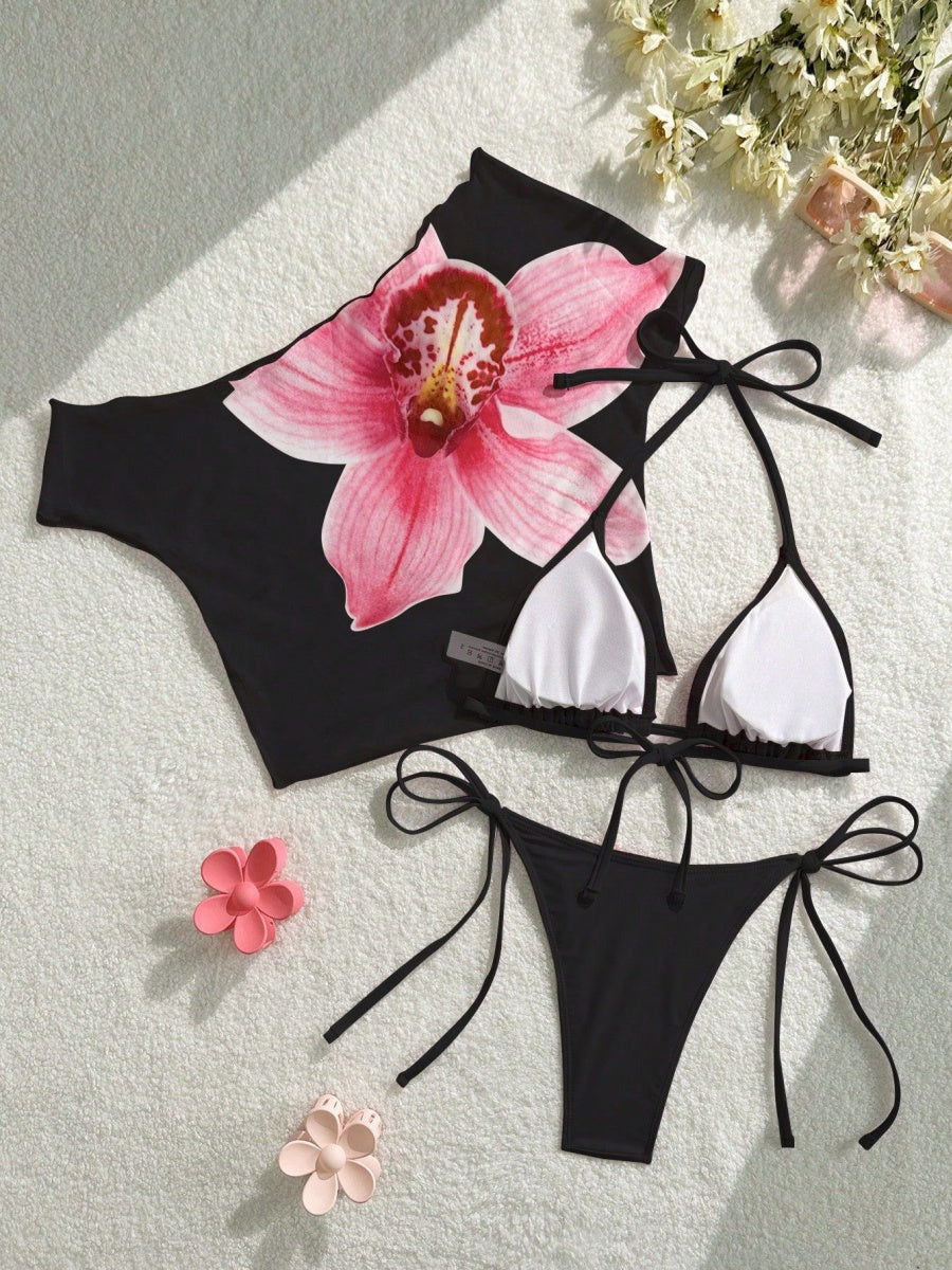 Finalized Floral Print Tie-up Bikini Three-piece Set