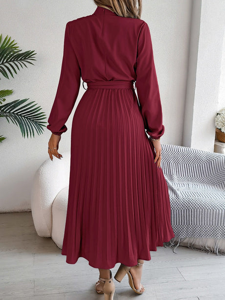Stand Collar Long Sleeve Waist Pleats Midi Dresses