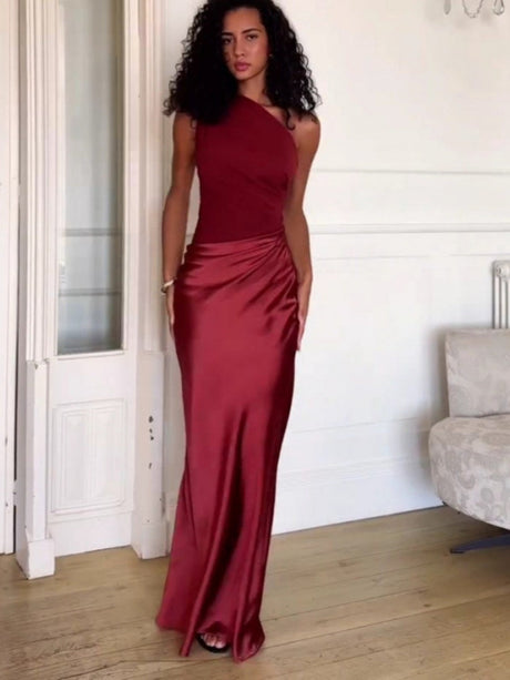 Robe longue en satin uni, col asymétrique, sans manches, coupe en biais, couleur unie