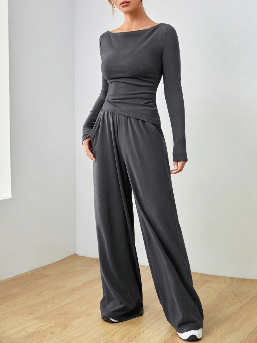 Pocket Solid Color Large Round Neck Long Sleeve Pants 2-piece Sets