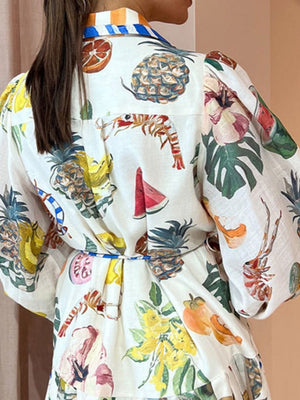 Botanical Floral Prints Balloon Sleeve Lapel Waist Long Sleeve Maxi Dresses