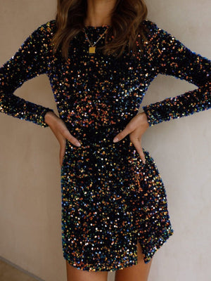 Rückenfreie, paillettenbesetzte Mini- und kurze Partykleider mit langen Ärmeln