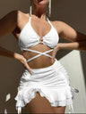 Textured Fabric Strappy Bikini Three-piece Set