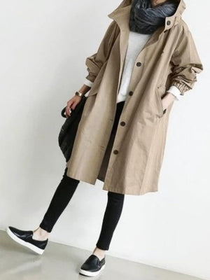 Oversized Hooded Single-Breasted Mid-Length Trench Coat