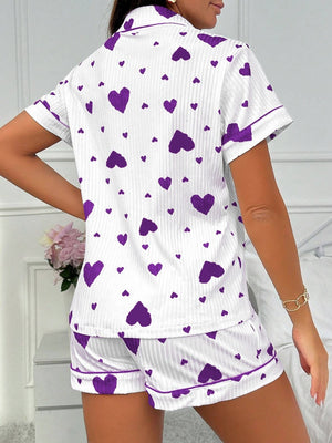 Heart-print Cardigan With Collar And Button-down Short Sleeves And Shorts, Two-piece Loungewear Set