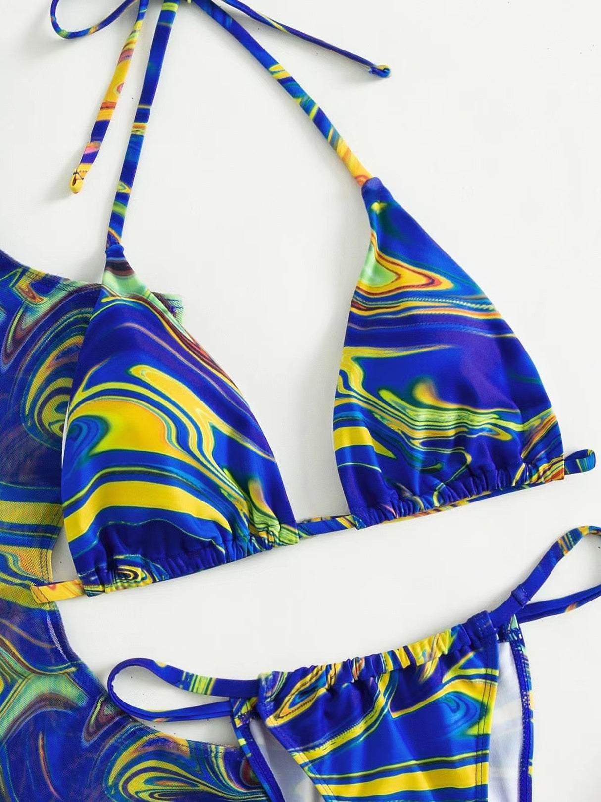 Hollow-out Drawstring Swimsuit Bikini Beach Cover-up Three-piece Set