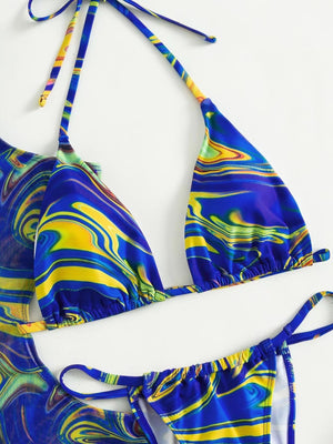 Hollow-out Drawstring Swimsuit Bikini Beach Cover-up Three-piece Set
