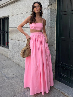 Pure Cotton Strapless Bra Jacket High-waisted Long Skirt Vacation Package 2-piece Sets