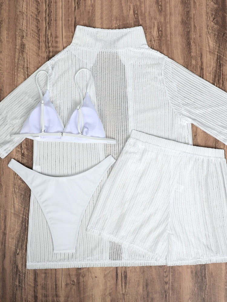 Beach Sun Protection Mesh Shirt, Shorts, Bikini Four-piece Set