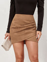 Suede Solid Color Hip Irregular Pleats Zipper Short Skirts