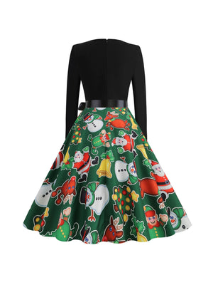 Christmas Crew Neck Splicing Long Sleeve Midi Dresses