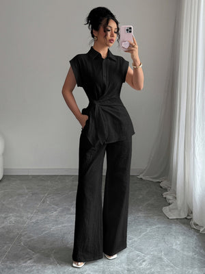 Lapel Sleeveless Kink Shirts Wide-leg Pants Business Suit 2-piece Sets