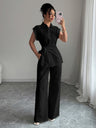 Lapel Sleeveless Kink Shirts Wide-leg Pants Business Suit 2-piece Sets