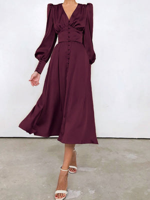 V-neck Satin Waist Retro Maxi Dresses