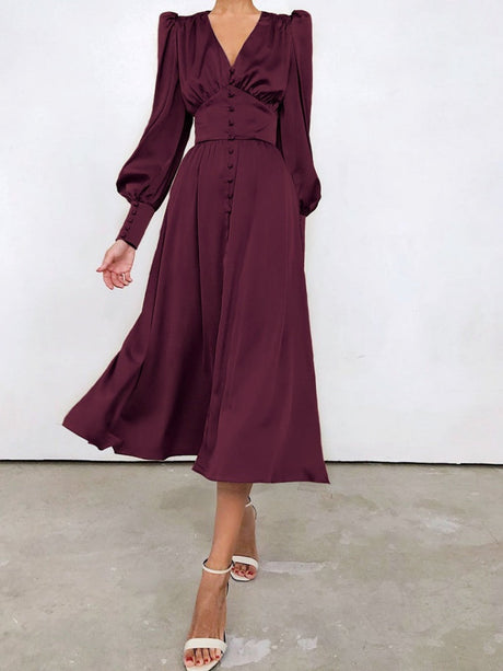 V-neck Satin Waist Retro Maxi Dresses