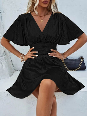 V-neck With Ruffled Sleeves Metallic Color Mini&Short Dresses