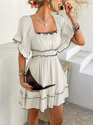 Square Neckline Ruffled Short-sleeved Long Dress
