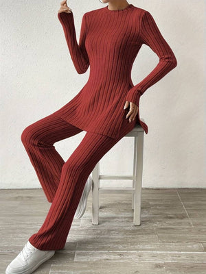 Leisure Long Sleeve Crew Neck Slit Pure Color 2-piece Sets