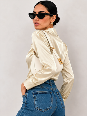 Solid Color Satin Pleated Long Sleeve Blouse&Shirts