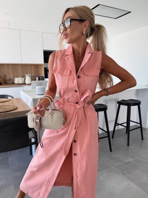 Sleeveless Tie-waist Single-breasted Denim Maxi Dress