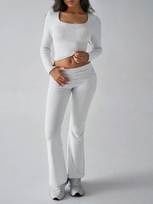 Leisure Navel Solid Color Long-sleeved Two-piece Suit
