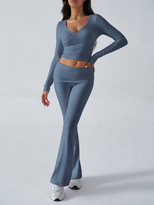 V-neck Long Sleeve Pants Pleated Navel Solid Color 2-piece Sets