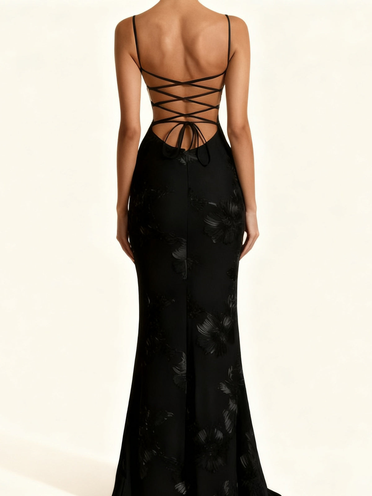 3D Embroidered Backless Cross-Strap Spaghetti Strap Long Dress