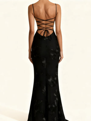 3D Embroidered Backless Cross-Strap Spaghetti Strap Long Dress