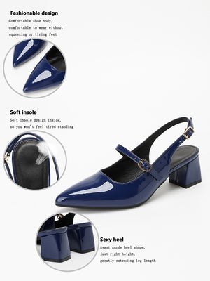 Metal Buckle Pointed Toe Open Back Chunky Heel Mary Jane Shoes