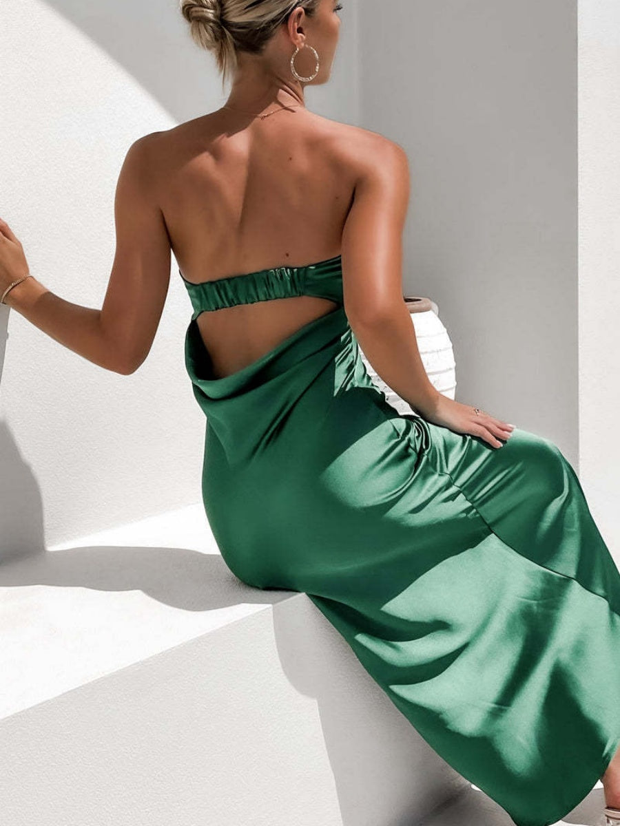 Bandeau Elasticity Backless Knitting Satin Sexy Maxi Dresses