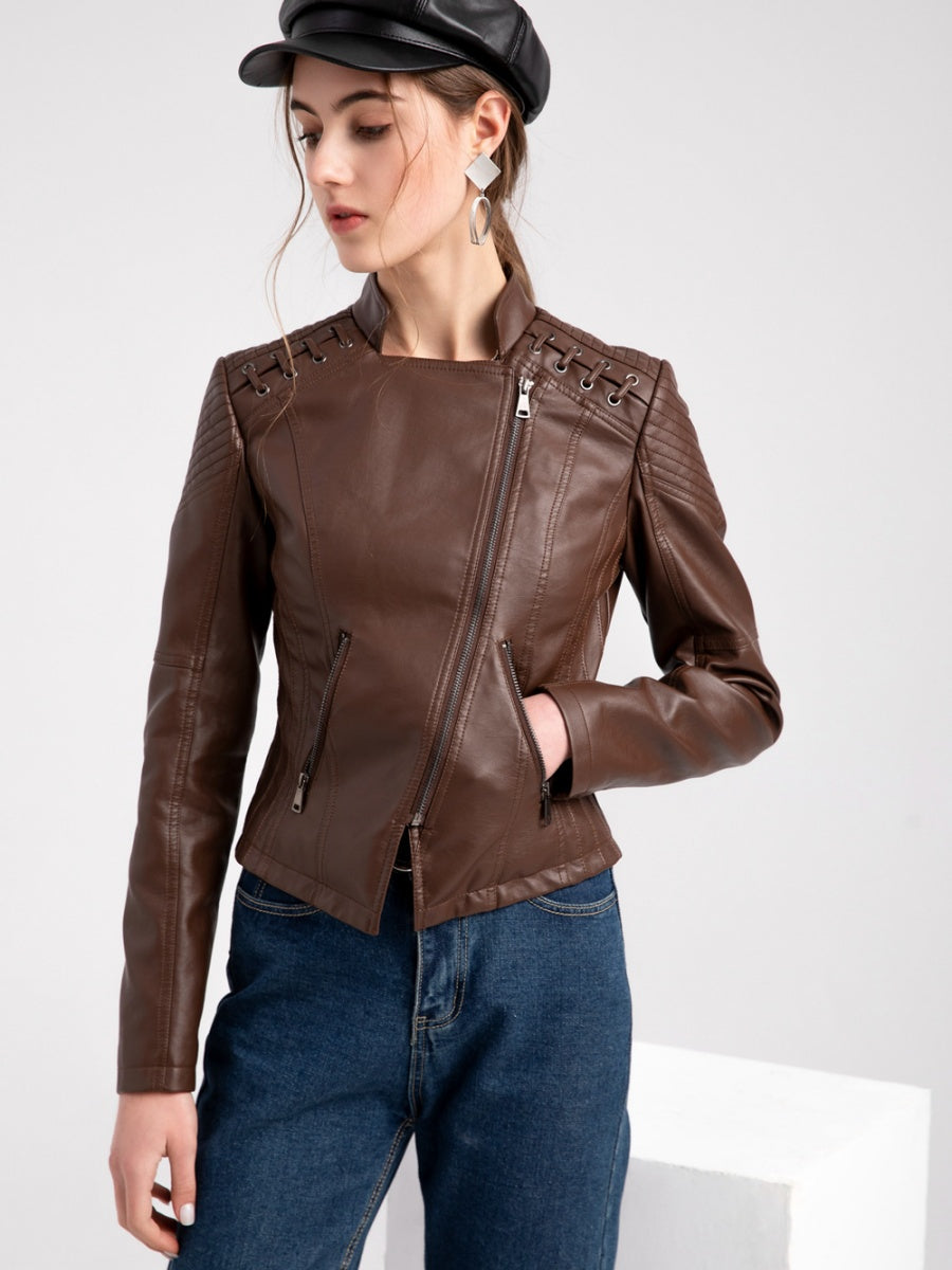 Short Slim Fit Thin Three-dimensional Decoration Leather Jacket