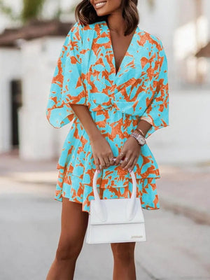 Loose-fit Batwing Sleeves Printed Commuting Mini&Short Dresses
