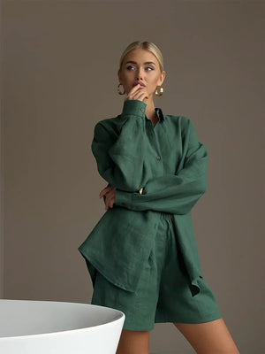 Loose-fit Long Sleeve Shirts Shorts Set 2-piece Sets