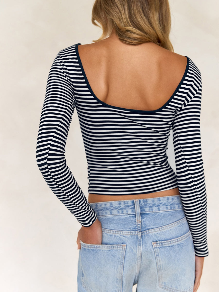 Simplicity Contrasting Colors Stripes Backless Long Sleeve T-shirts