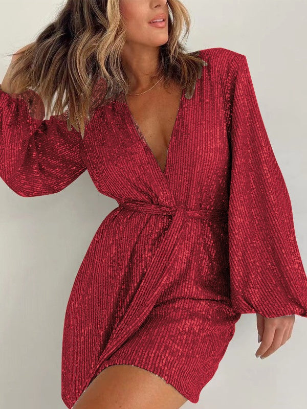 Sequins Long Sleeve V-neck Mini&Short Dresses