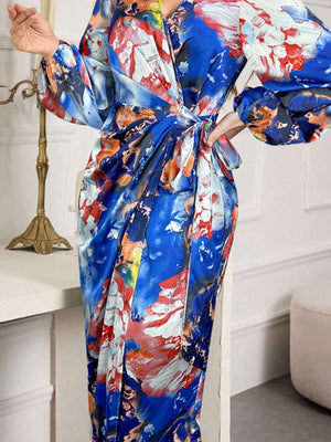 Printed V-neck Cardigan With Belt Midi Dresses