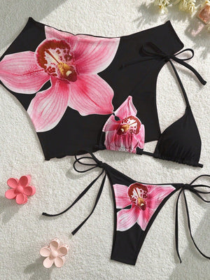 Finalized Floral Print Tie-up Bikini Three-piece Set