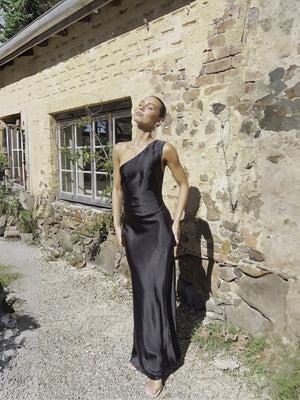 Satin Off-shoulder Pleated Waist Long Dress