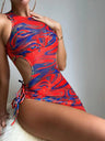 Hollow-out Drawstring Swimsuit Bikini Beach Cover-up Three-piece Set