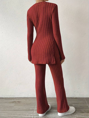 Leisure Long Sleeve Crew Neck Slit Pure Color 2-piece Sets