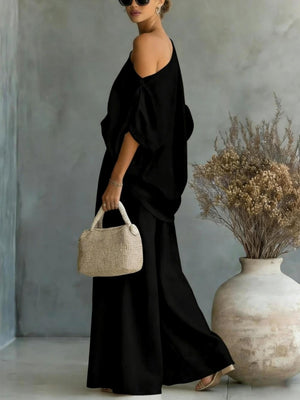 Loose-fit Off-shoulder Jacket Wide-leg Pants Set 2-piece Sets